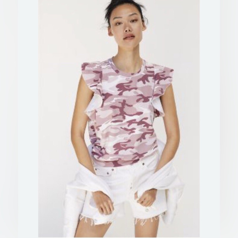 Anthropologie T.LA Pink Camo Ruffle Sleeve Top